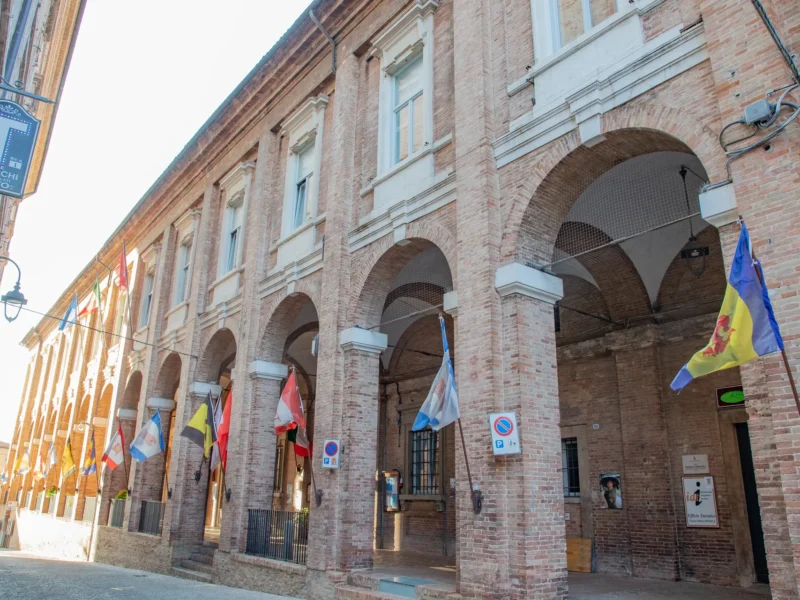 Loggia of the Town Hall, Corinaldo, one of the Most Beautiful Villages in Italy, Marche — summer